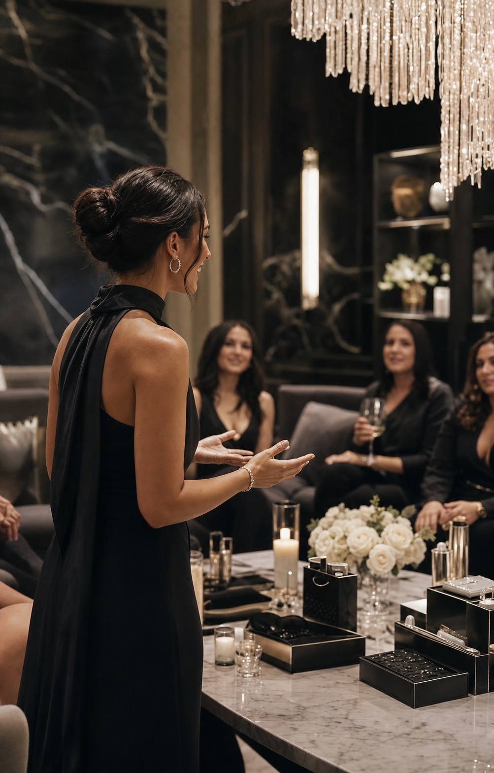 Luxury private Pavé Ambassador event in a black and platinum salon